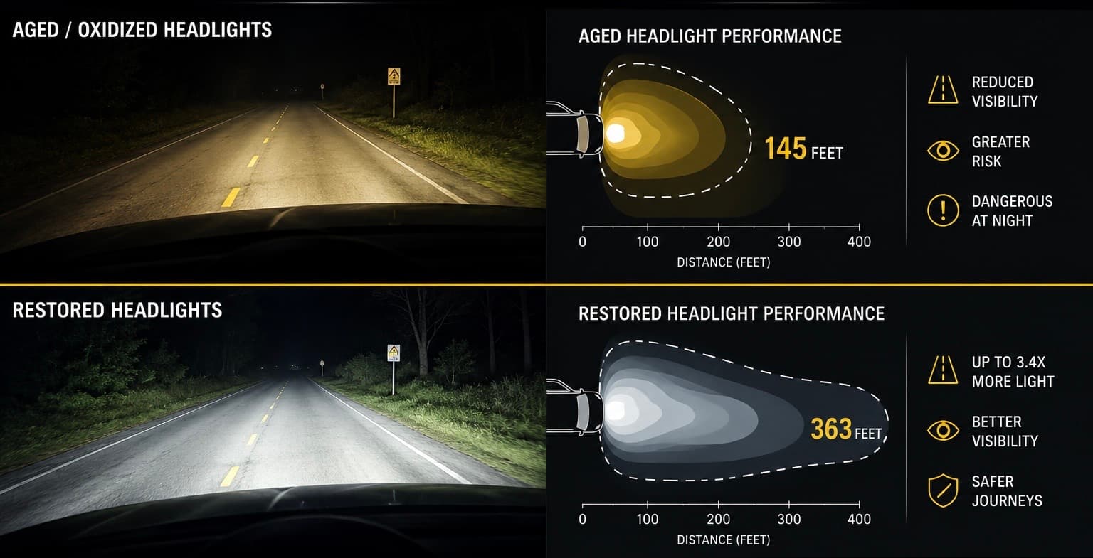 Comparison showing dim aged headlights reaching 145 feet versus bright restored headlights reaching 363 feet.