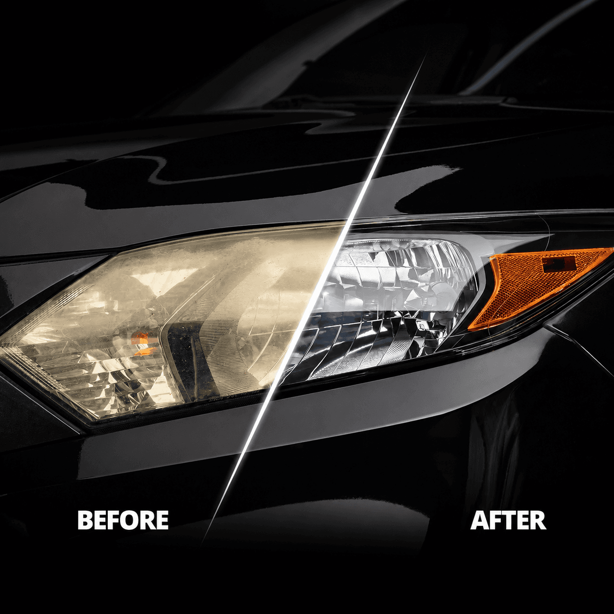 Before and after comparison of a cloudy, yellowed car headlight restored to a clear finish.