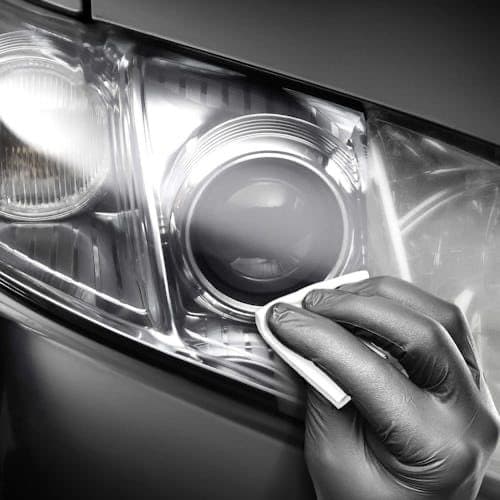Gloved hand polishing a car headlight lens with a small white applicator cloth.